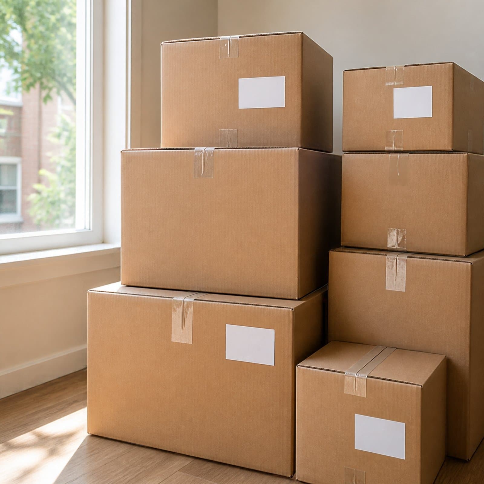 Cartons de déménagement fermés et empilés près d'une fenêtre
