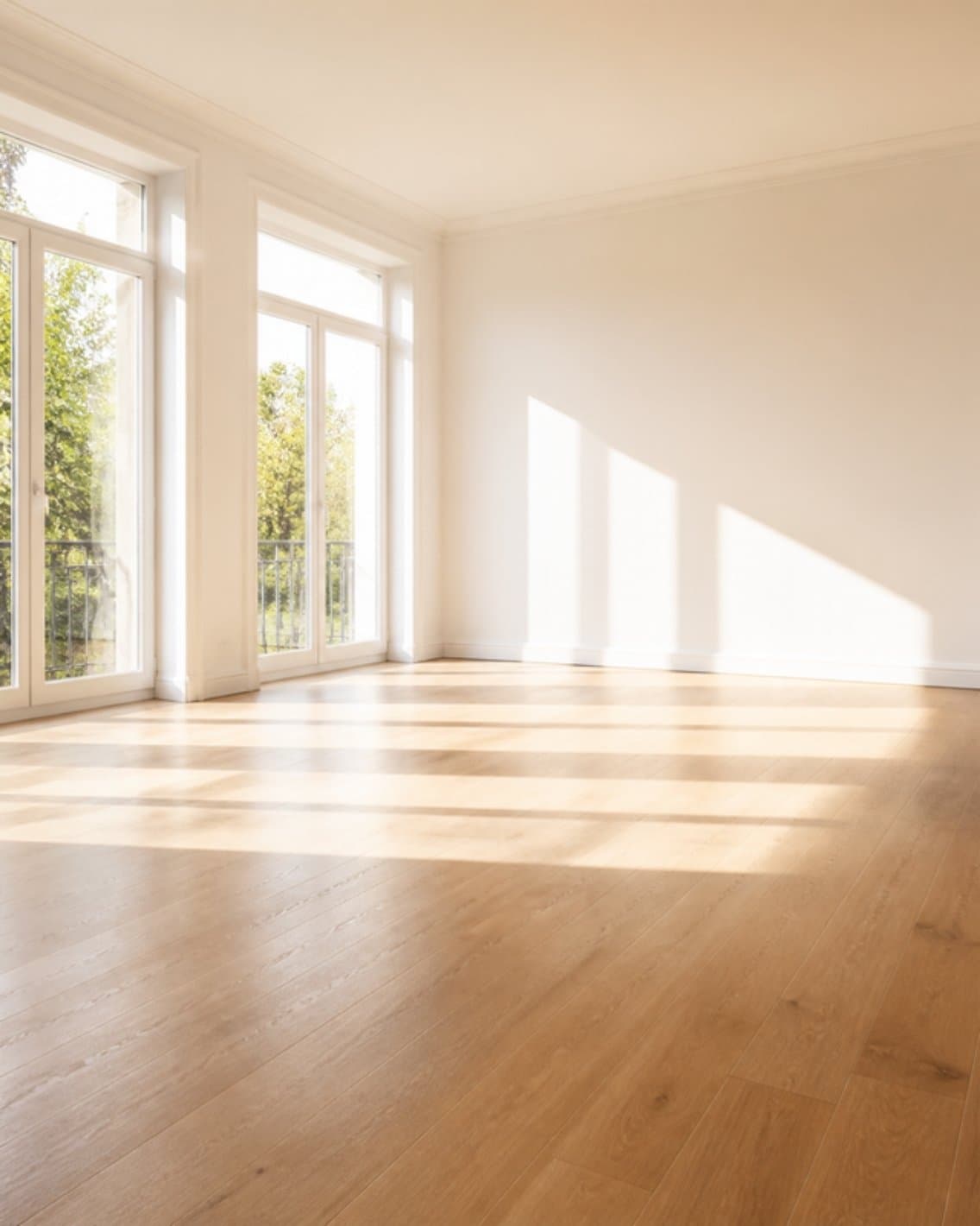 Pièce vide et lumineuse, parquet clair et grande fenêtre