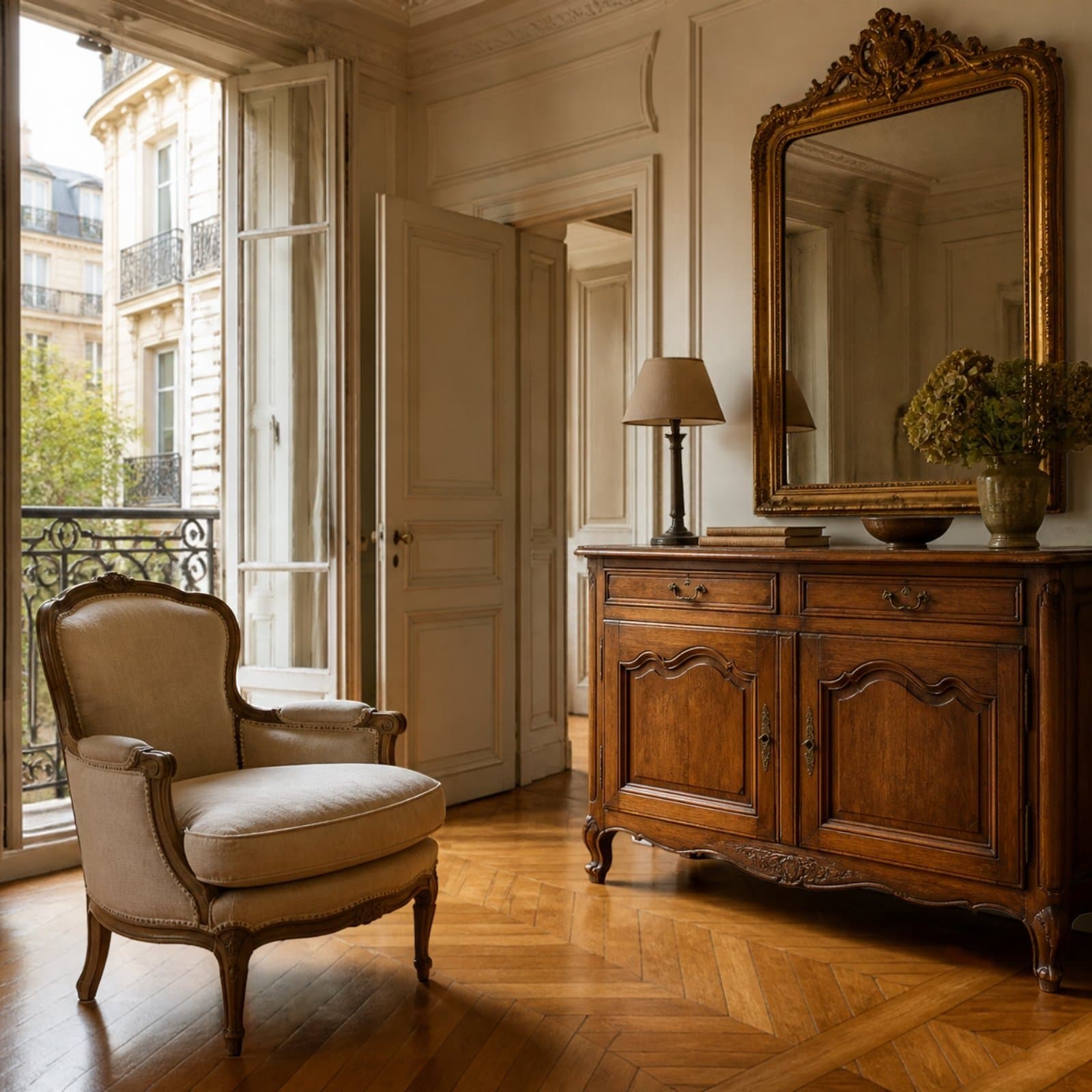 Salon d'un appartement ancien, fauteuil et buffet en bois